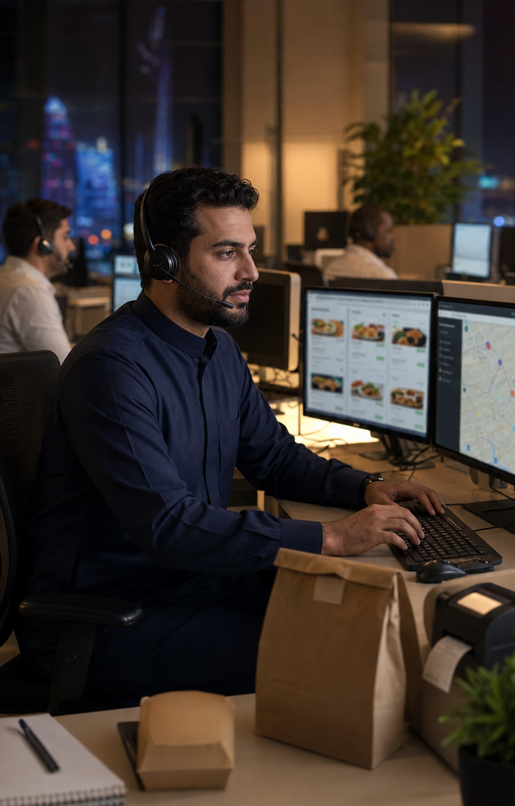 Arab restaurant call center agent handling orders, reservations, and multi-location routing