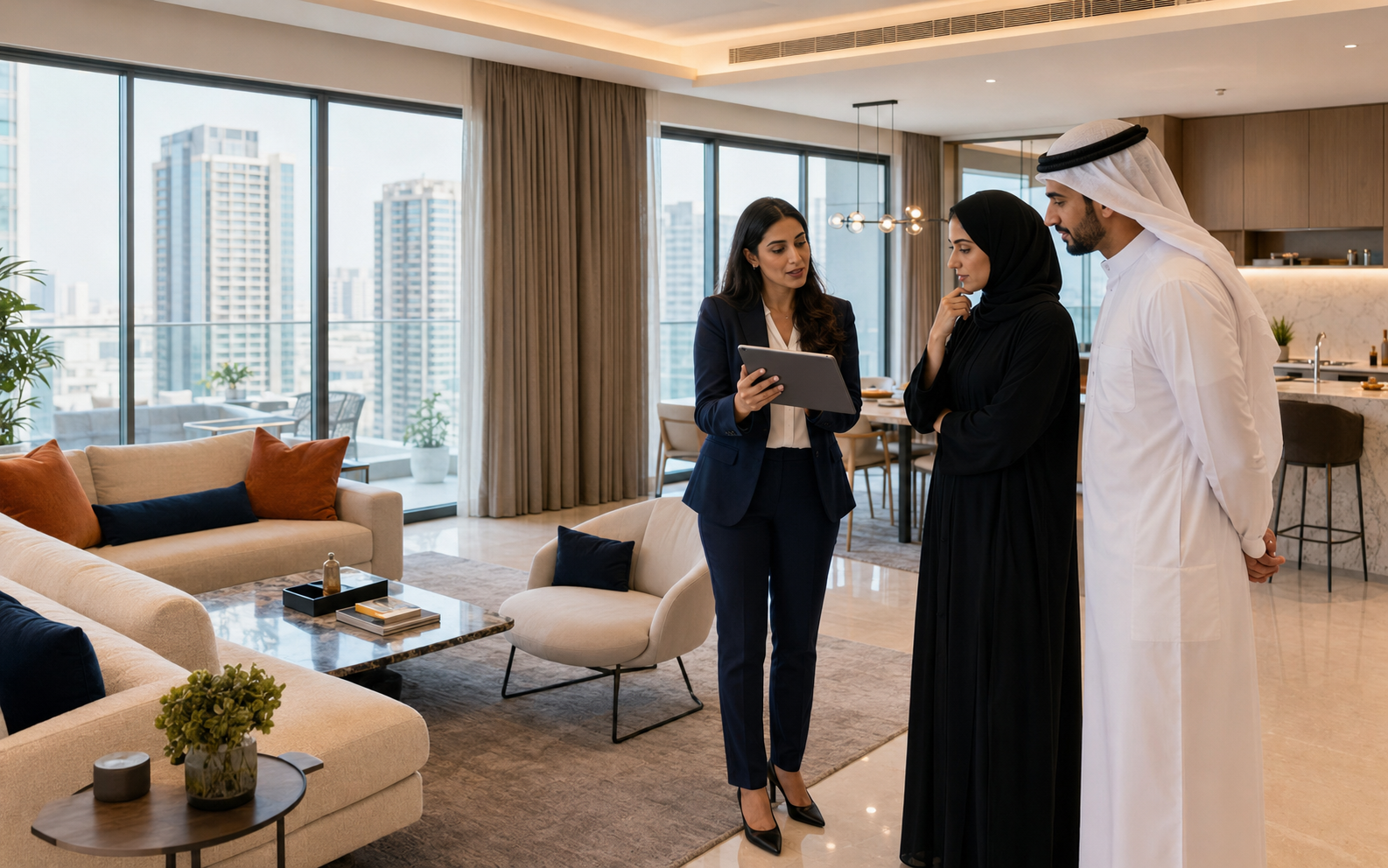 Prospective tenants viewing a modern apartment with a professional leasing agent