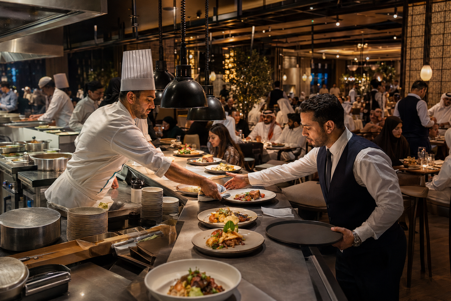 Busy Friday dinner rush inside an upscale Doha restaurant kitchen and dining room