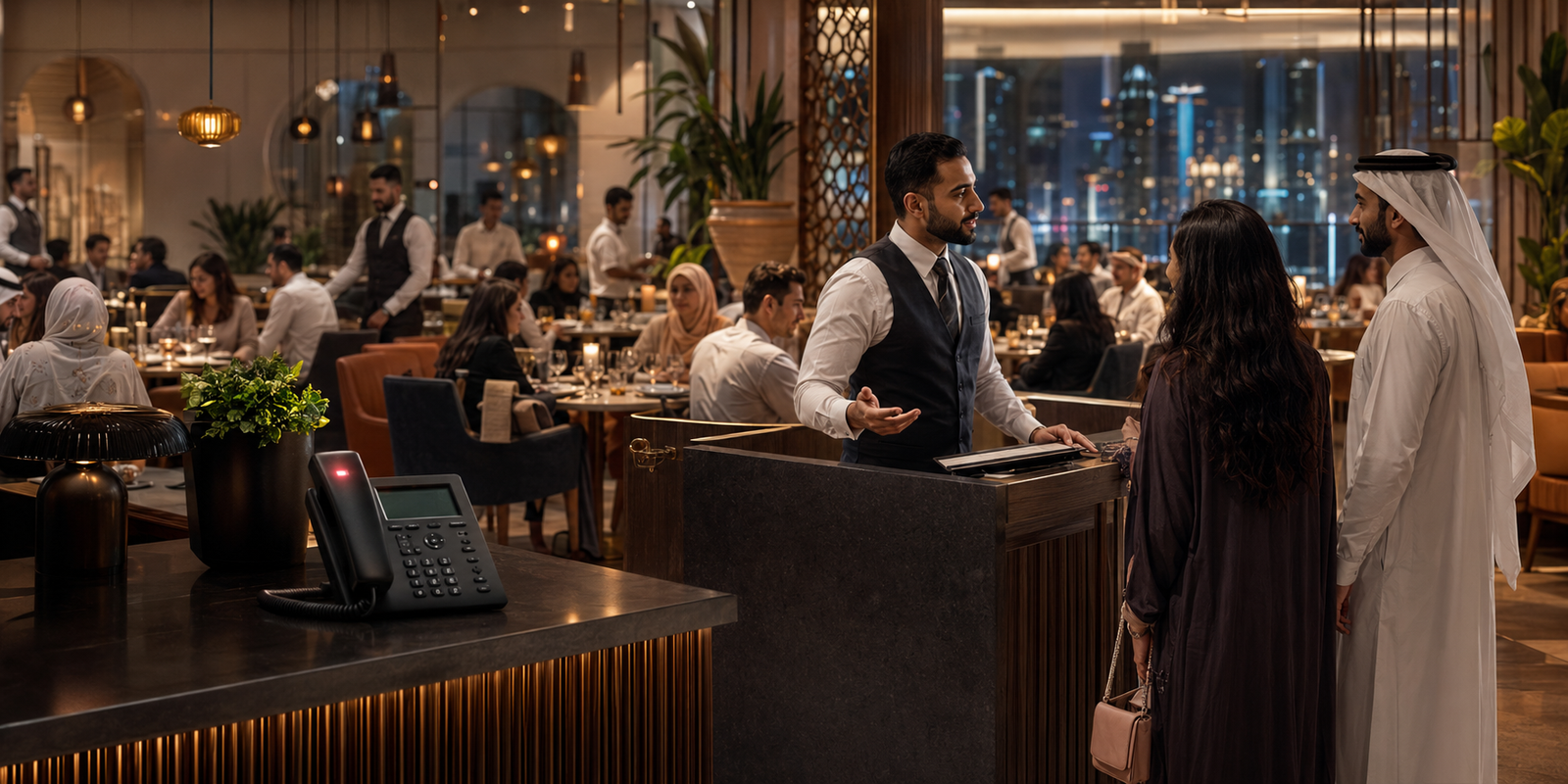 Busy restaurant host assisting guests while an incoming phone call waits during peak hours