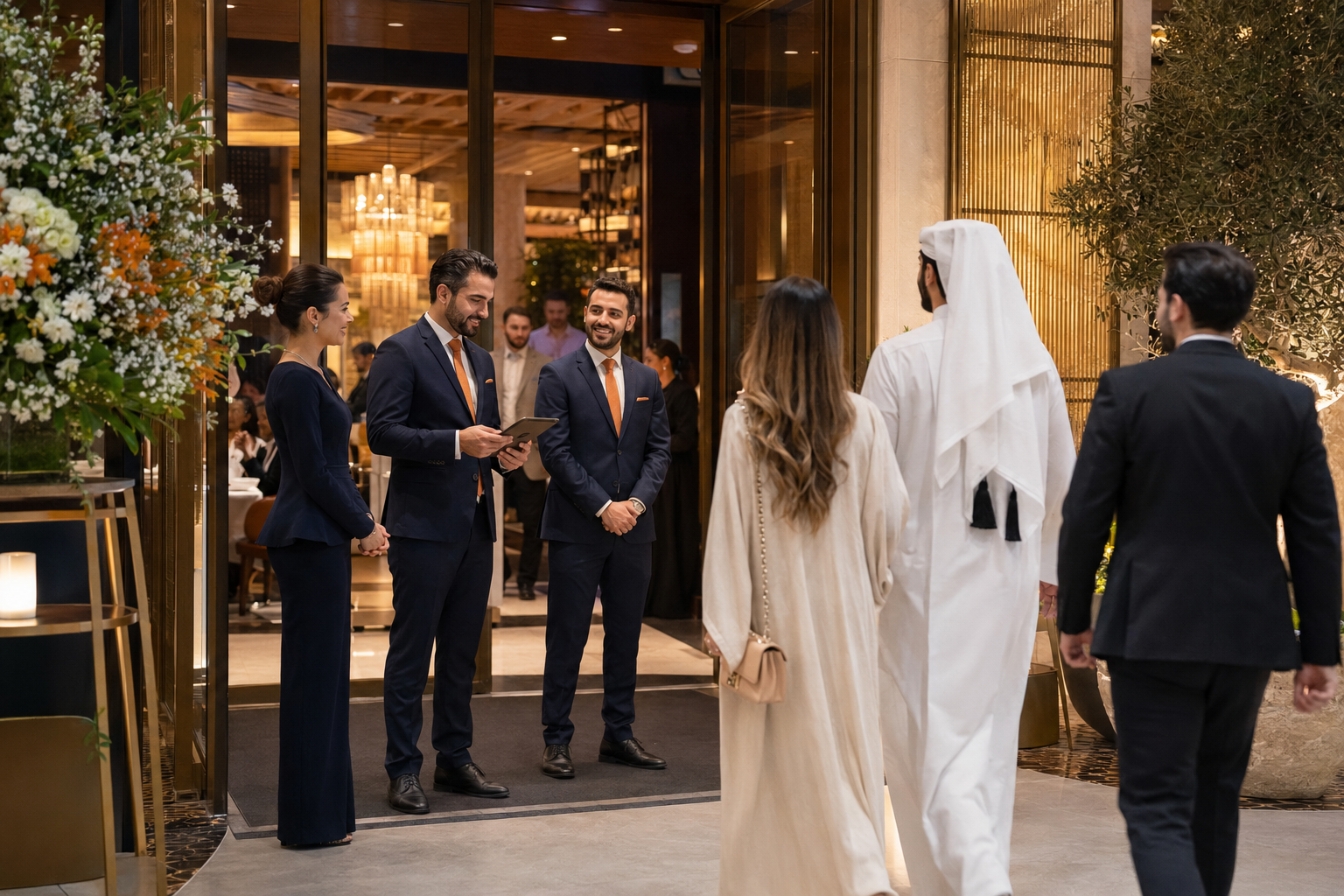 Guests arriving during opening week at a new upscale restaurant location in Doha