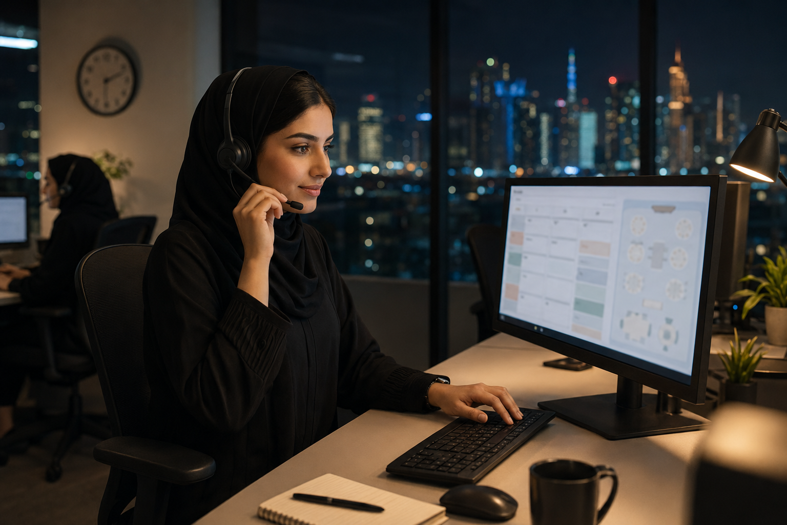 Night call center agent in Qatar answering an after-hours restaurant reservation