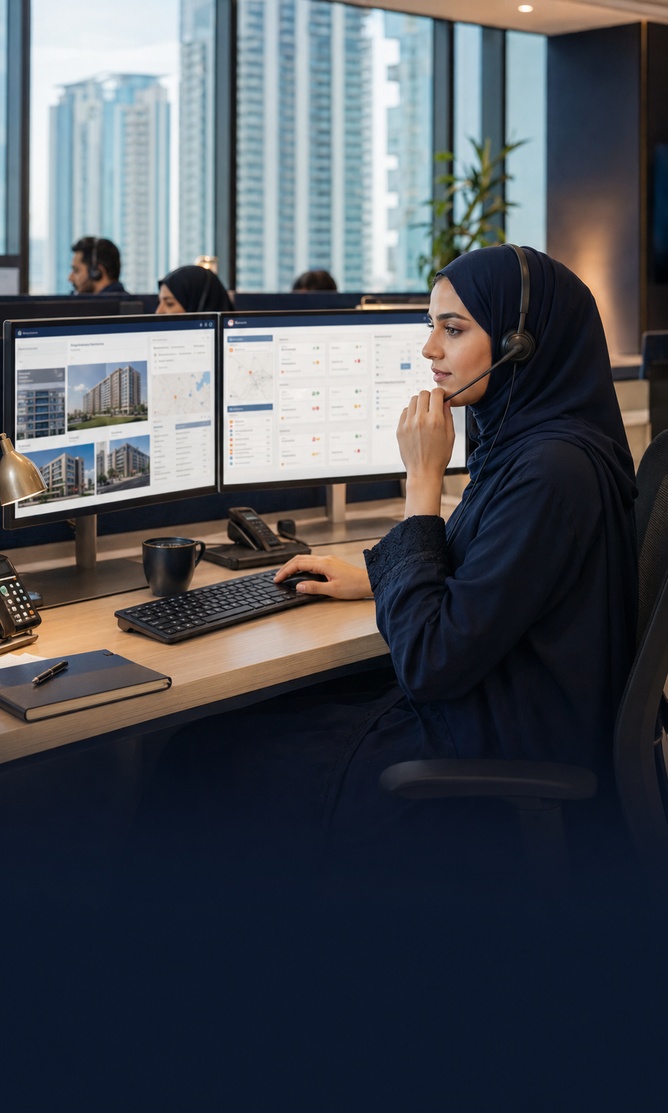 Professional property management call center agent handling resident calls and maintenance requests for multiple properties