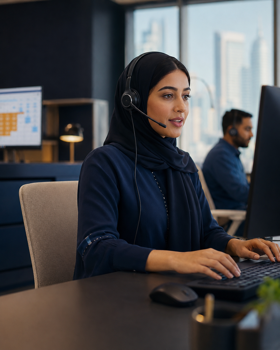 Professional female call center agent in Qatar handling restaurant reservations and guest calls