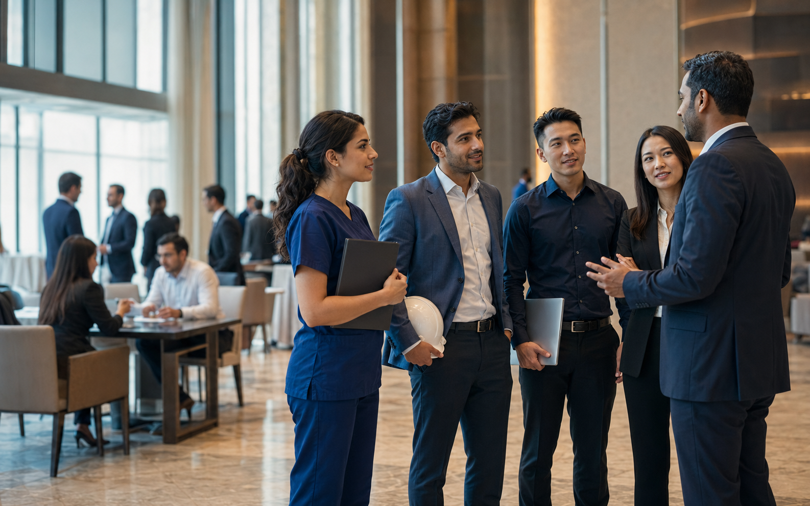Professionals from different sectors meeting at a business recruitment event
