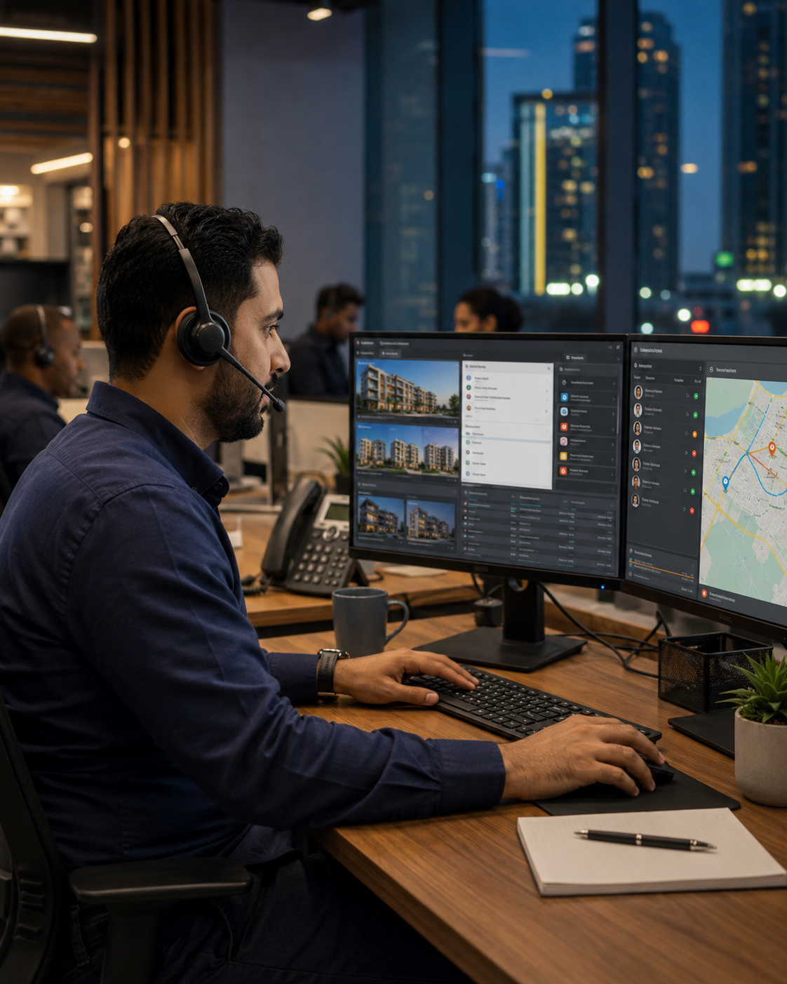 Property management call center agent logging a maintenance request and coordinating field support