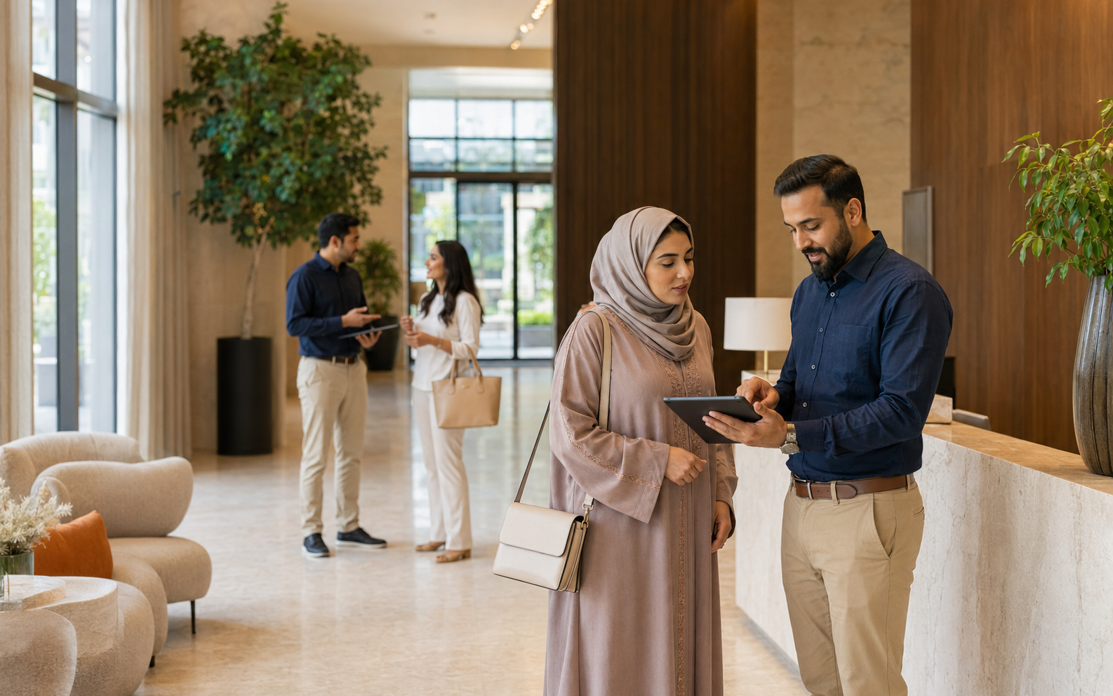 Property manager assisting a resident in the lobby of a modern residential building