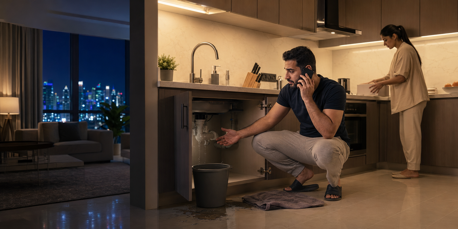 Resident reporting a water leak to an after-hours property management answering service