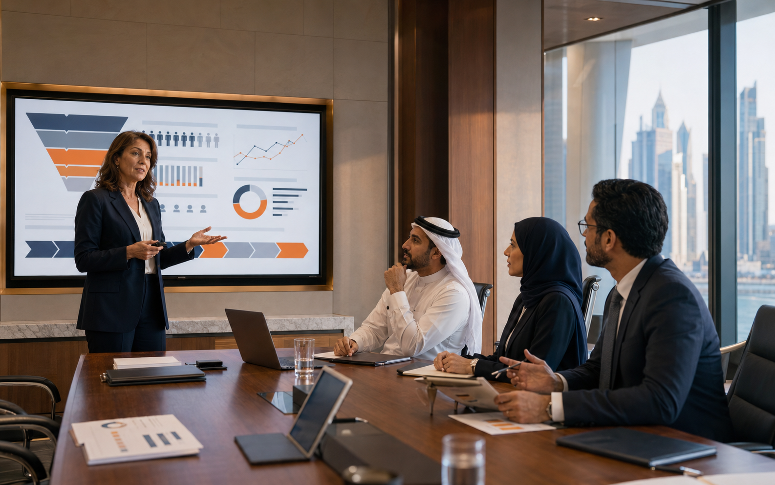 Recruitment consultant presenting a faster hiring strategy to business leaders in Qatar