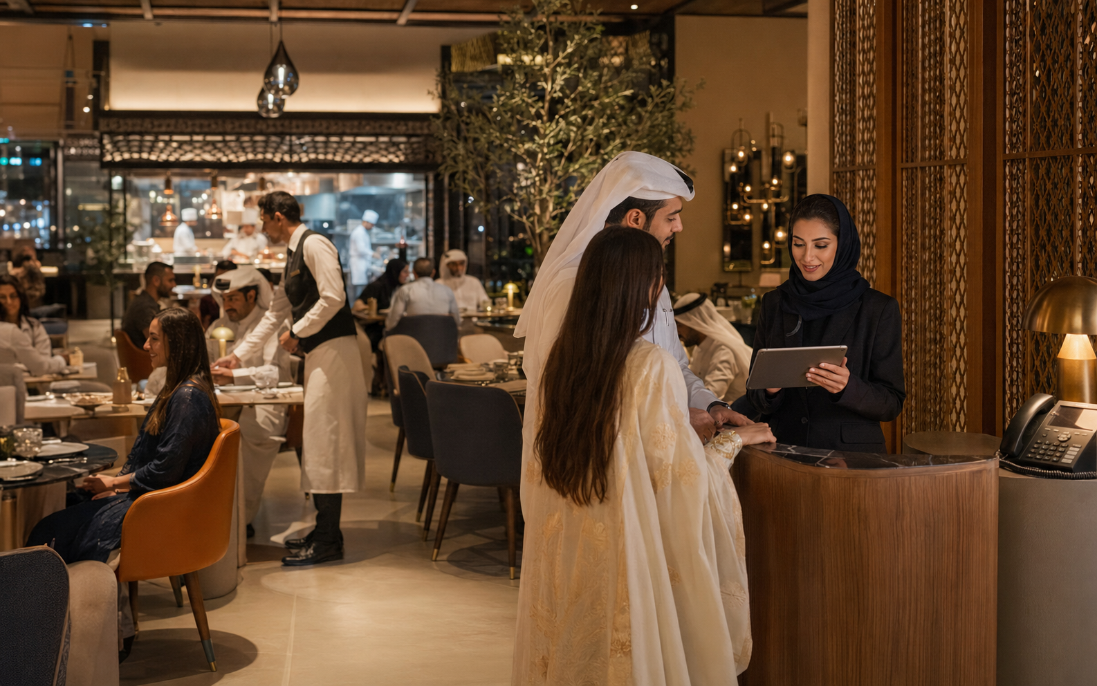 Host welcoming guests at an upscale Doha restaurant while managing reservations