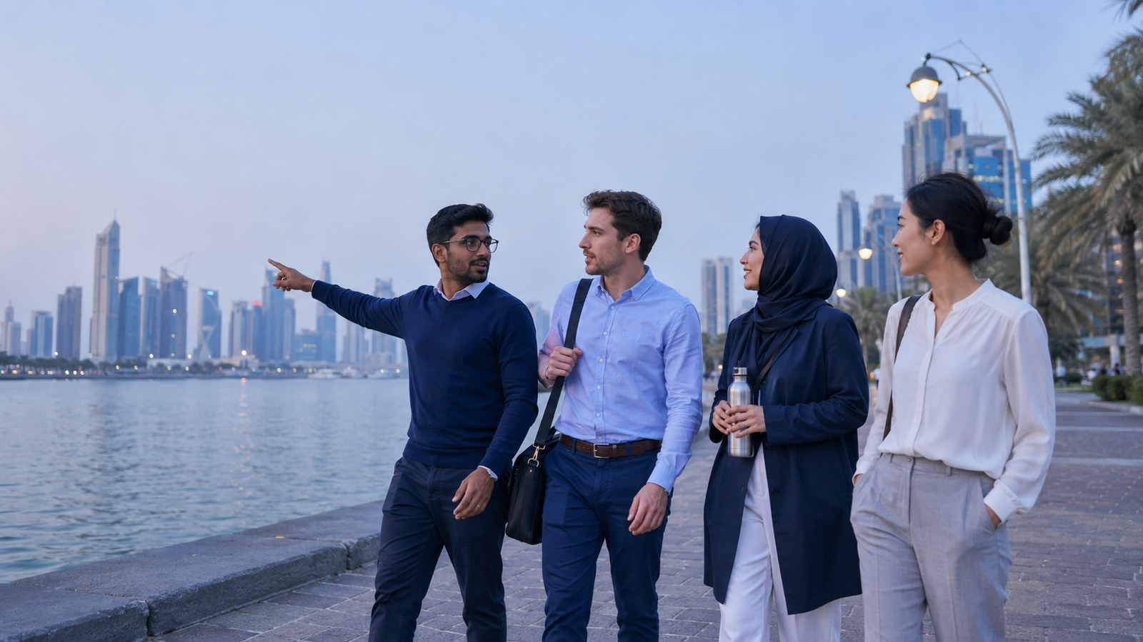 Professional settling into life in Qatar while walking along Doha Corniche