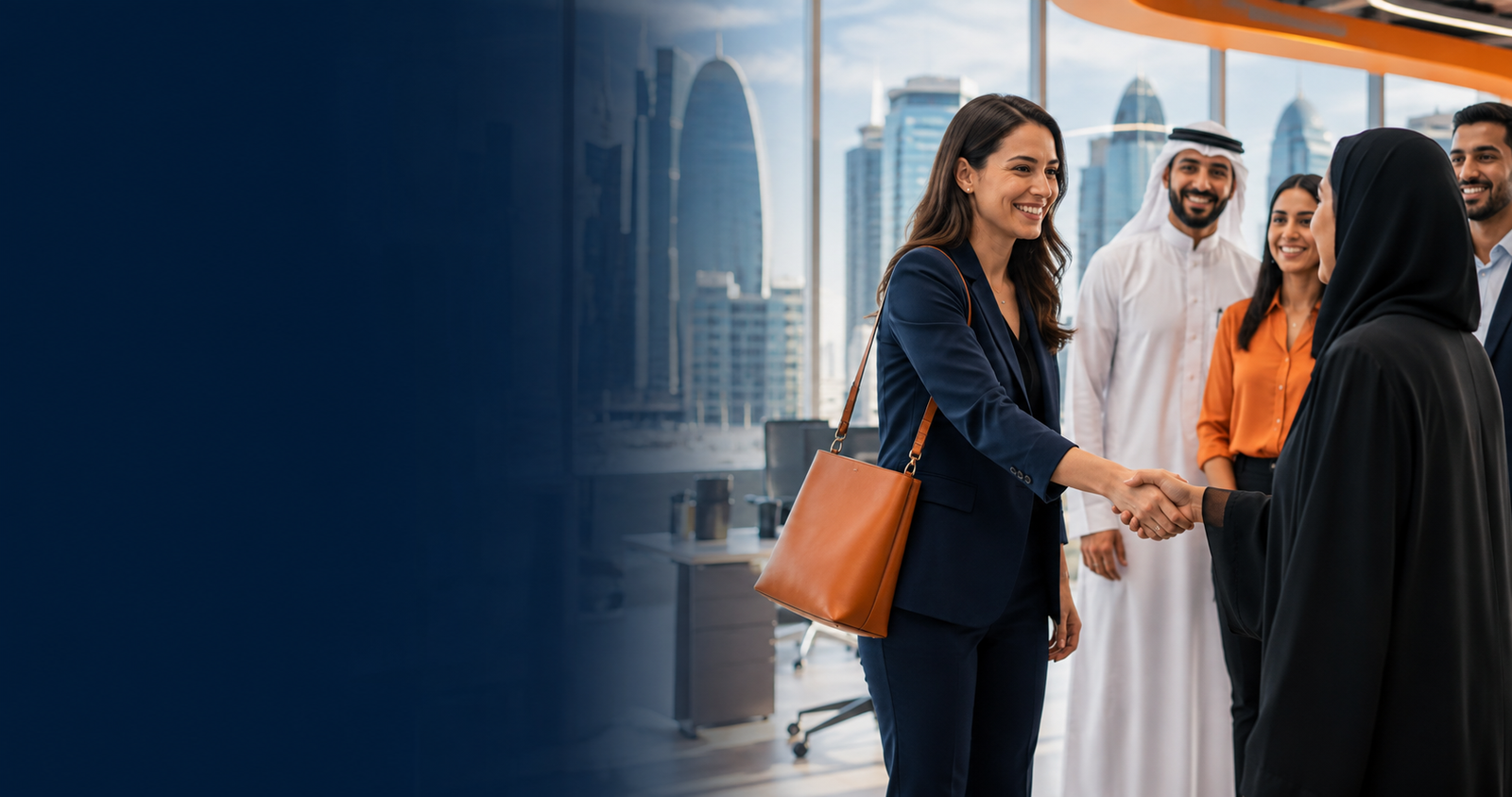 New employee being welcomed on the first day at a modern office in Doha