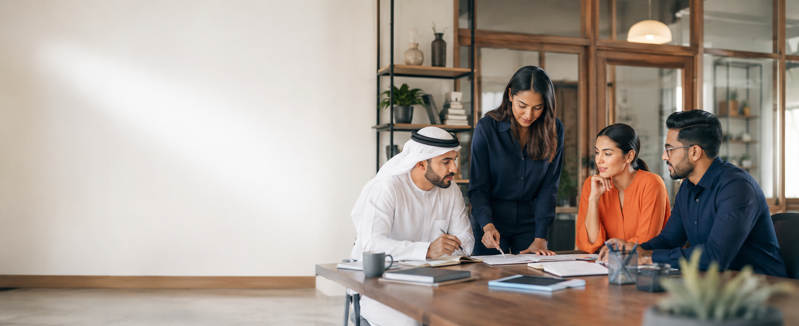 Small-business owner reviewing an HR plan with an advisor and team